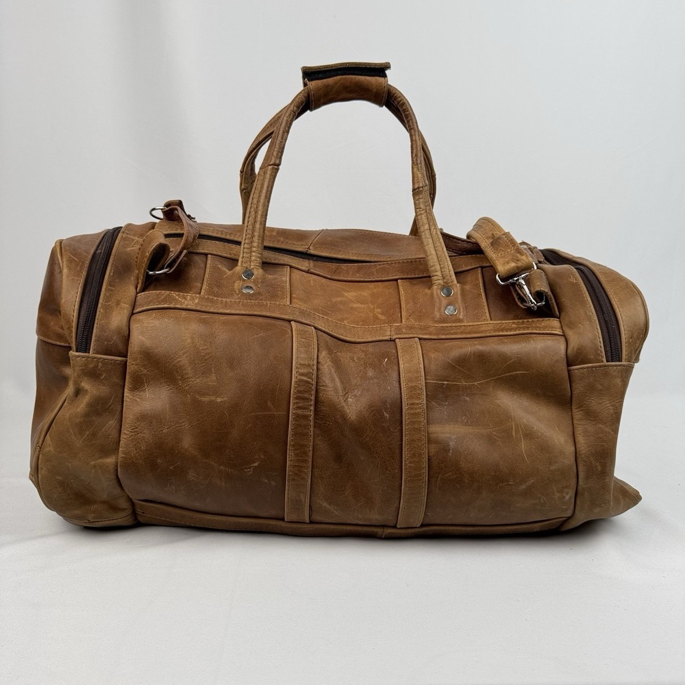 Vtg Tan Leather Duffle Bag Travel Weekender Gym Luggage Side Grab Handles 22" - Picture 2 of 13
